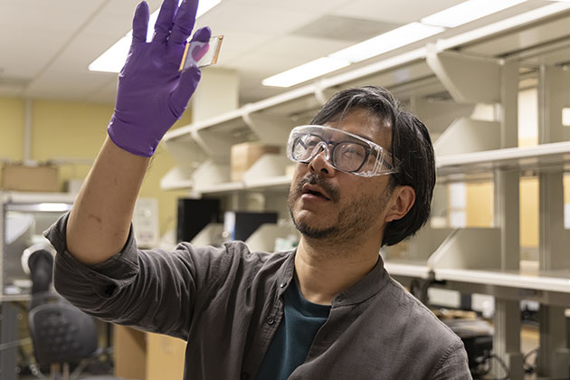 photo of Eric (one of our safety committee member) holding a plate in a lab with gloves and safety glasses 