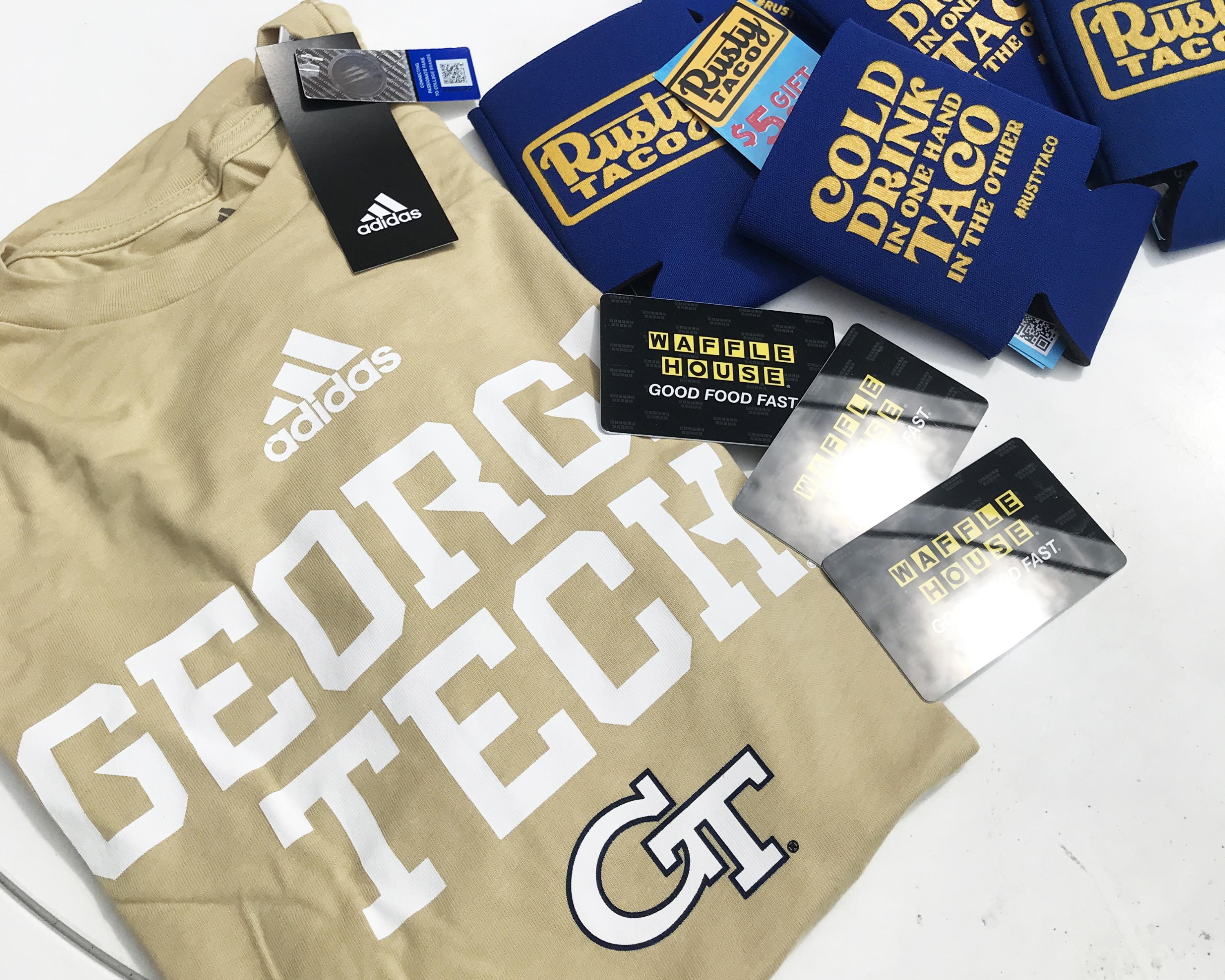 Georgia Tech Athletics t-shirts, local restaurant discounts, and gift cards are among the rewards you could receive through surprise swag drops and random drawings this month for those who get vaccinated on campus or who participate in weekly asymptomatic surveillance testing at Tech.