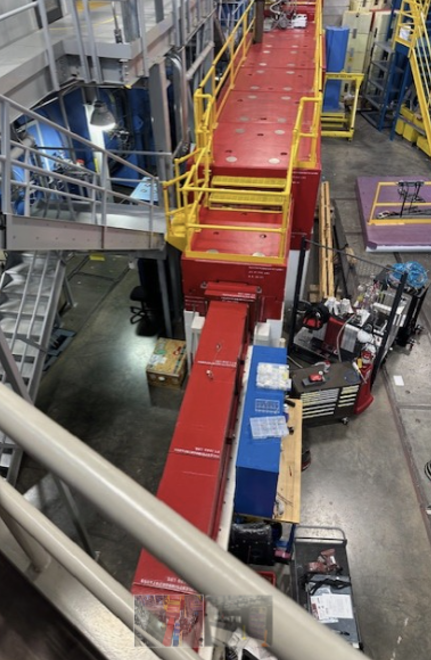 Concrete shielding (in red) around a neutron beam line at the Spallation Neutron Source, which is currently the most intense pulsed neutron source in the world.