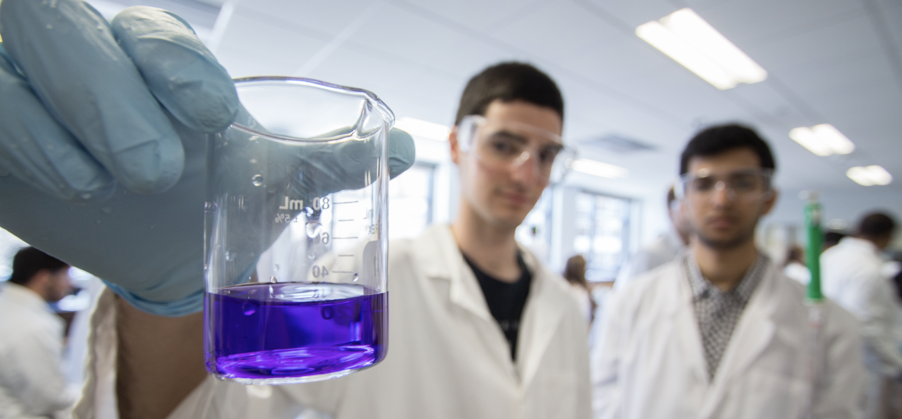 students holding a beaker of purple solution