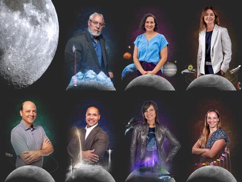 Georgia Tech researchers from the Colleges of Sciences, Engineering, and Ivan Allen Liberal Arts, each superimposed over a partially shaded Moon. Georgia Tech researchers from the Colleges of Sciences, Engineering, and Ivan Allen Liberal Arts, each superimposed over a partially shaded Moon.