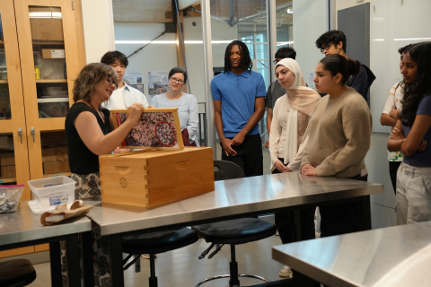 Woman demonstrates parts of a bee hive.