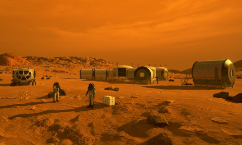 Artist's conception of astronauts and human habitats on Mars. Courtesy: NASA